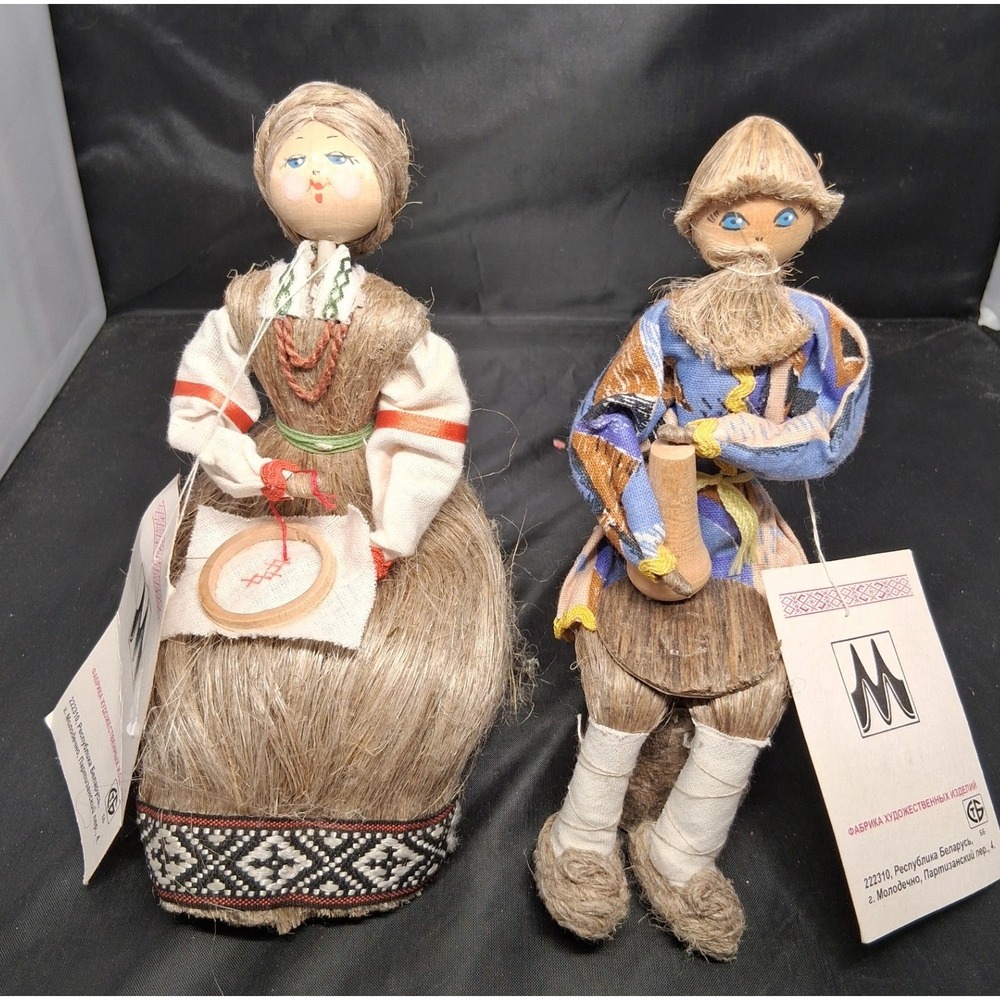 Vintage Belarusian Folk Art Flax Linen Dolls Pair Molodechno Belarus 2003